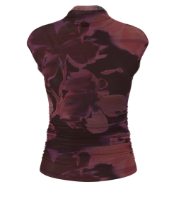 Burgundy floral mesh top.