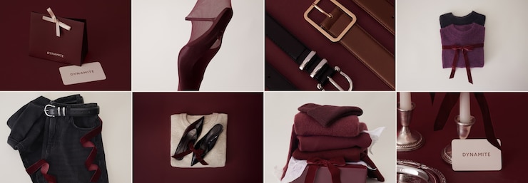 A collage of a Dynamite gift card, burgundy tights, black jeans, black mules, and a beige sweater.