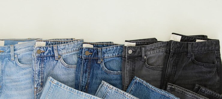 Jeans pliés du bleu pâle au bleu foncé, jusqu'au noir.