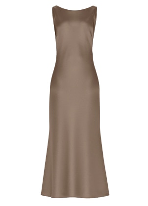 Brown satin maxi dress.