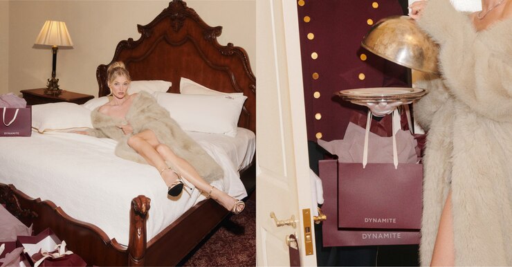 Model is wearig a beige faux fur coat.