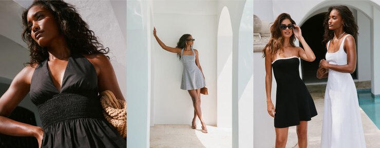 Model on the left is wearing a black and orange printed maxi dress. Model in the middle is wearing a blue denim shirt. Model on the right is wearing a beige cable knit sweater and a blue denim mini skirt.
