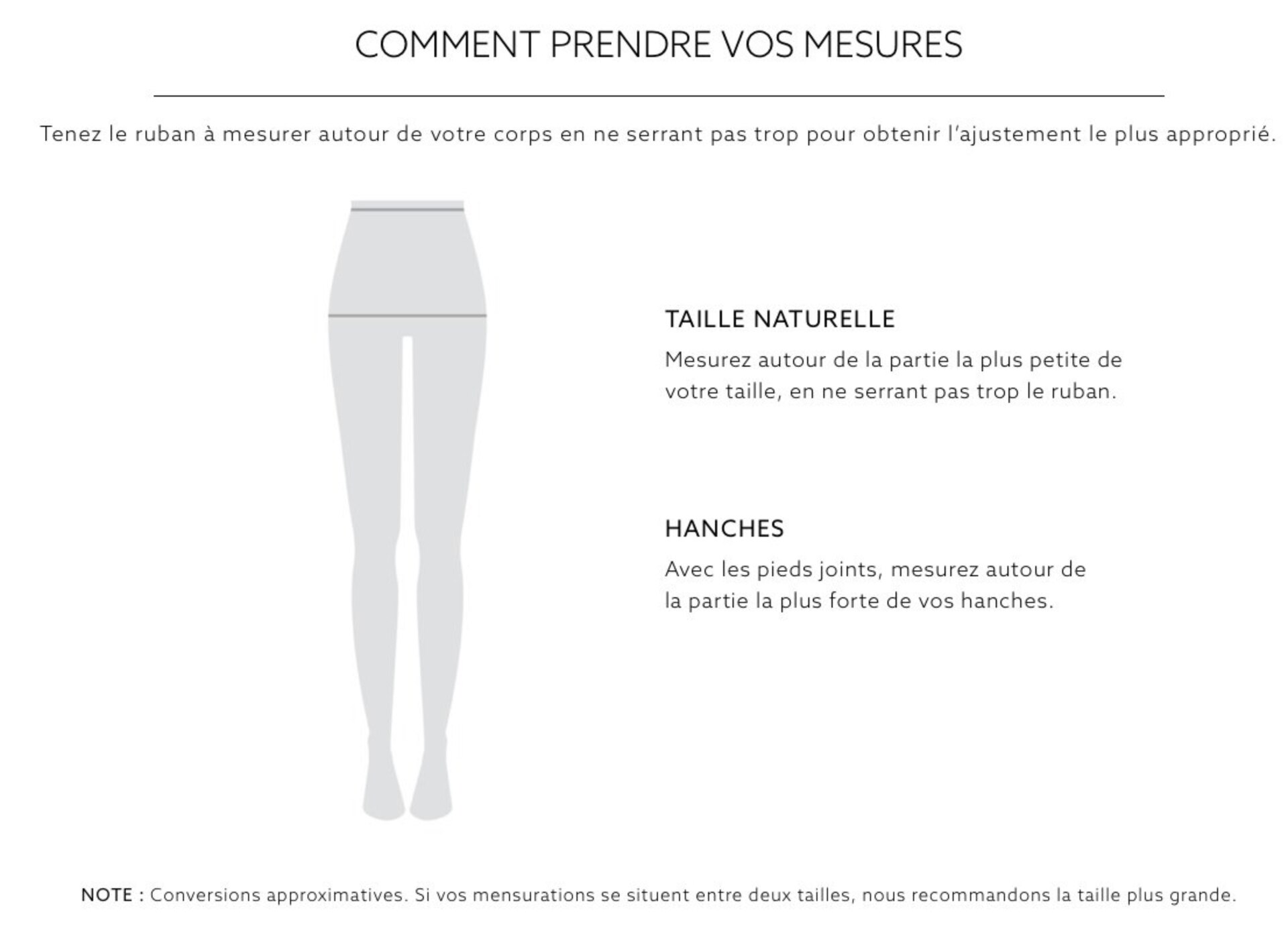 Une silhouette d'un mannequin avec des lignes sur la taille et les hanches indiquant où mesurer.