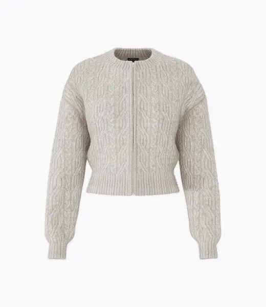 Beige crewneck cardigan.