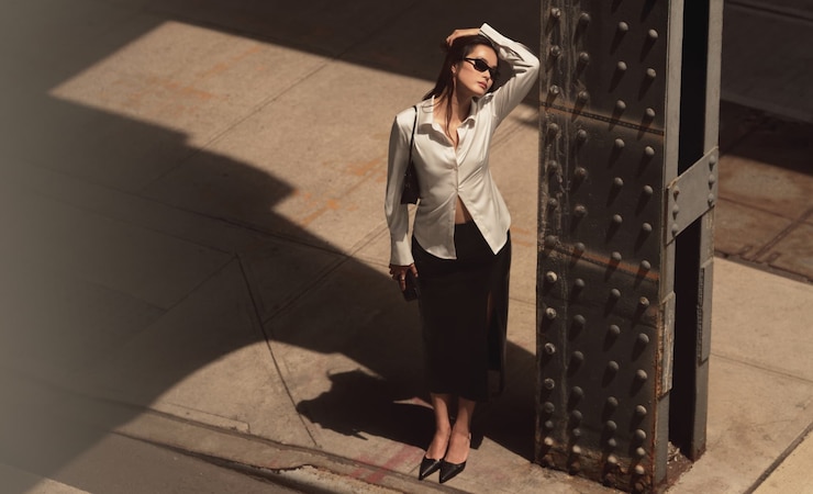 Model is wearing an off white cinched satin shirt and a black faux leather midi skirt.