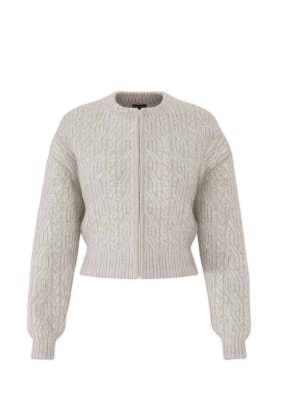 Brown cable knit cardigan.