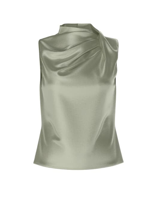 Green satin sleeveless blouse.