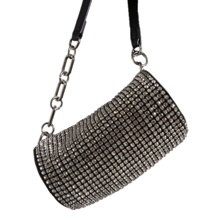 Silver gemmed baguette handbag.