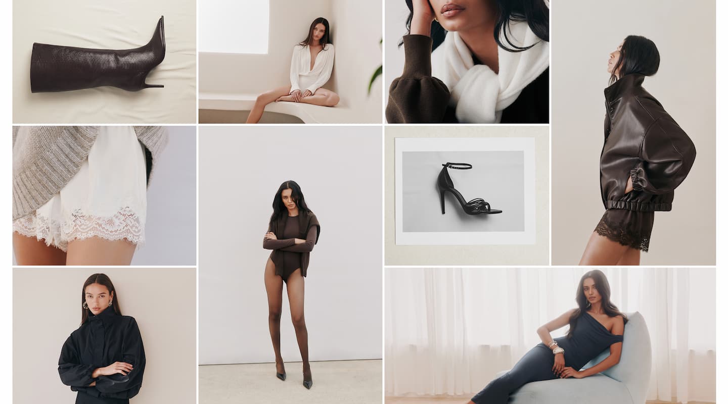 Models wearing the new collection including maxi dresses, cozy sweaters, satin shorts, and faux leather jackets.