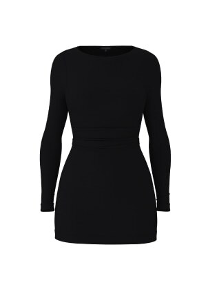 Black long sleeve mini dress.